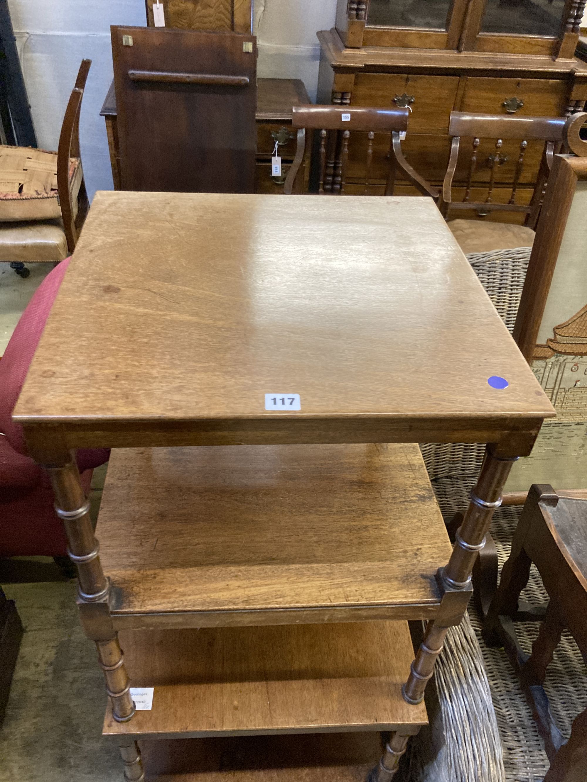 A pair of Regency style mahogany two tier occasional tables, width 47cm, depth 47cm, height 59cm